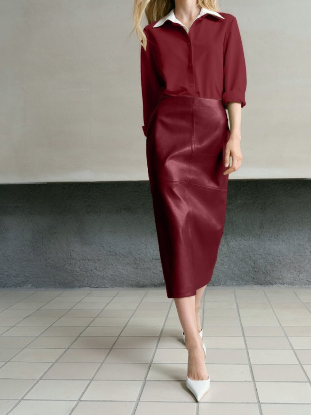 Burgundy Elegant Women's Fabric High Waist Skirt